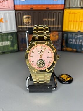 AJ USA Gold-Tone Men's Bracelet Watch with Pink Dial 43mm
